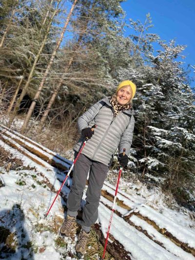 The trails around the village are perfect for Nordic walking — Véronique and Dominique love doing it